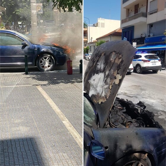 Φωτογραφίες από το σημείο που καιγόταν το όχημα και από το αποτέλεσμα της φωτιάς.